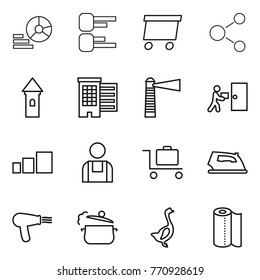 Thin line icon set : diagram, delivery, molecule, tower, houses, lighthouse, courier, sorting, workman, baggage trolley, iron, hair dryer, steam pan, goose, paper towel