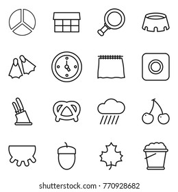 Thin line icon set : diagram, market, magnifier, stadium, flippers, watch, curtain, ring button, knife holder, pretzel, rain cloud, cherry, udder, acorn, maple leaf, foam bucket