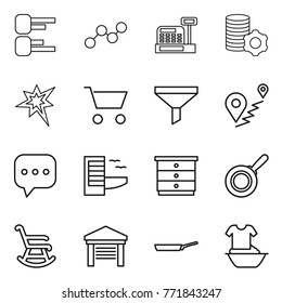 Thin line icon set : diagram, graph, cashbox, virtual mining, bang, cart, funnel, route, sms, hotel, chest of drawers, pan, rocking chair, garage, handle washing