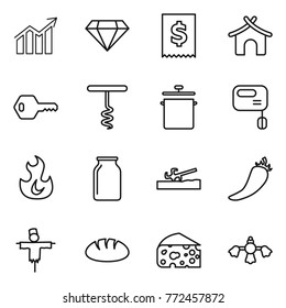 Thin Line Icon Set : Diagram, Diamond, Tax, Bungalow, Key, Corkscrew, Pan, Mixer, Fire, Bank, Soil Cutter, Hot Pepper, Scarecrow, Bread, Cheese, Hard Reach Place Cleaning