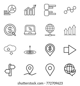 Thin line icon set : diagram, graph, dollar arrow, notebook, globe connect, up, cloude service, target, pin, right, signpost, geo, delivery