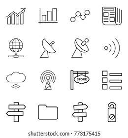 Thin line icon set : diagram, graph, newspaper, globe connect, satellite antenna, wireless, cloud, store signboard, list, singlepost, documents, signpost, do not distrub