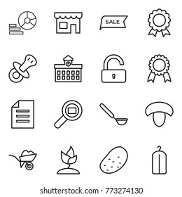 Thin line icon set : diagram, shop, sale, medal, nipple, university, unlock, document, cargo search, ladle, mushroom, wheelbarrow, sprouting, potato, dry wash