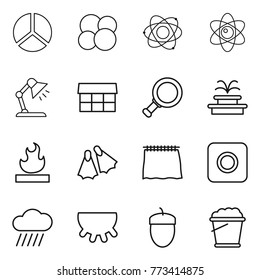 Thin line icon set : diagram, atom core, table lamp, market, magnifier, fountain, flammable, flippers, curtain, ring button, rain cloud, udder, acorn, foam bucket