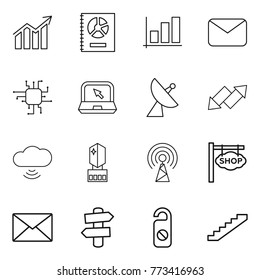 Thin line icon set : diagram, annual report, graph, mail, chip, notebook, satellite antenna, up down arrow, cloud wireless, crystall memory, shop signboard, signpost, do not distrub, stairs