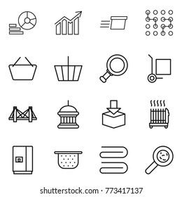 Thin line icon set : diagram, delivery, chip, basket, magnifier, cargo stoller, bridge, goverment house, package, radiator, fridge, colander, towel, viruses