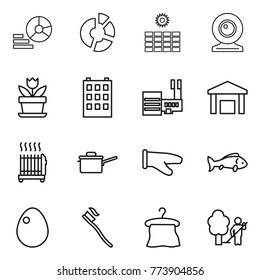 Thin line icon set : diagram, circle, sun power, web cam, flower, building, mall, warehouse, radiator, saute pan, cook glove, fish, egg, tooth brush, hanger, garden cleaning