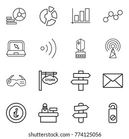 Thin line icon set : diagram, circle, graph, notebook, wireless, crystall memory, antenna, smart glasses, store signboard, singlepost, mail, info, reception, signpost, do not distrub