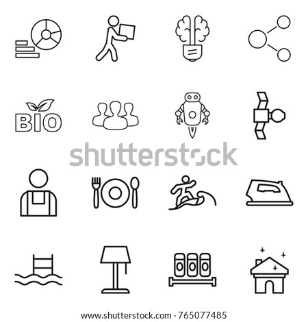 Thin line icon set : diagram, courier, bulb brain, molecule, bio, group, jet robot, satellite, workman, cafe, surfer, iron, pool, floor lamp, spices, house cleaning