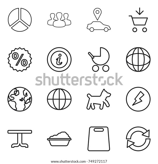 thin line icon set : diagram,\
group, car pointer, add to cart, percent, info, baby stroller,\
globe, dog, electricity, table, washing, cutting board,\
reload