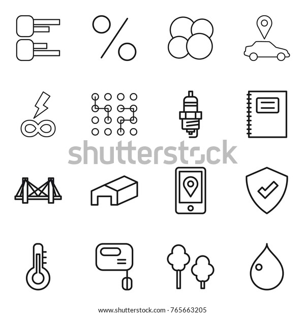Thin\
line icon set : diagram, percent, atom core, car pointer, infinity\
power, chip, spark plug, copybook, bridge, warehouse, mobile\
location, protected, thermometer, mixer, trees,\
drop