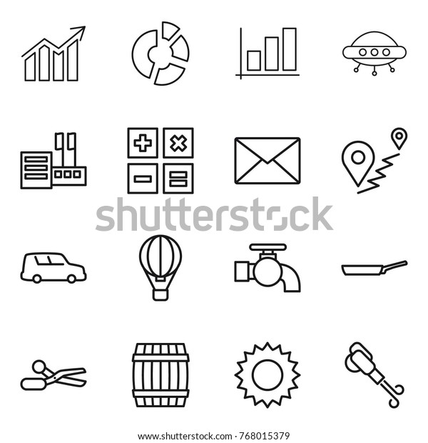 Thin line icon set : diagram, circle,\
graph, ufo, store, calculator, mail, route, car shipping, air\
ballon, water tap, pan, scissors, barrel, sun,\
blower
