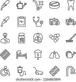 Thin Line Icon Set - disabled vector, rake, watering can, lawn mower, bird house, stethoscope, dropper, pills, bottle, blister, ambulance car, hospital bed, lungs, tooth, pulse clipboard, doctor