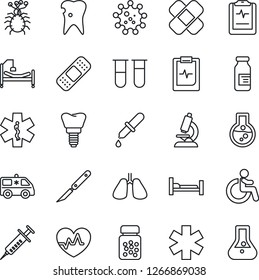 Thin Line Icon Set - disabled vector, heart pulse, syringe, blood test vial, dropper, microscope, pills bottle, ampoule, scalpel, patch, ambulance star, car, hospital bed, lungs, caries, implant