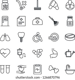 Thin Line Icon Set - disabled vector, medical room, rake, watering can, heart pulse, doctor case, diagnosis, blood test vial, dropper, pills, bottle, tomography, hand, stomach, lungs, implant