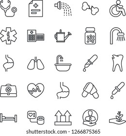 Thin Line Icon Set - disabled vector, watering can, heart pulse, doctor case, diagnosis, stethoscope, blood pressure, dropper, pills, bottle, ambulance star, hospital bed, stomach, lungs, caries