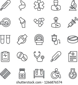 Thin Line Icon Set - disabled vector, diagnosis, stethoscope, syringe, blood test vial, dropper, thermometer, microscope, pills, bottle, blister, tomography, ambulance star, stomach, joint, doctor
