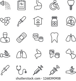 Thin Line Icon Set - disabled vector, watering, bird house, stethoscope, syringe, blood pressure, dropper, pills, bottle, patch, stomach, lungs, tooth, implant, broken bone, pulse clipboard, doctor