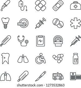 Thin Line Icon Set - disabled vector, doctor case, stethoscope, syringe, dropper, thermometer, pills, ampoule, scalpel, patch, tomography, ambulance star, car, lungs, caries, implant, hospital