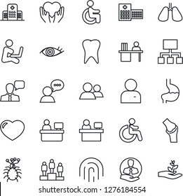 Thin Line Icon Set - disabled vector, pedestal, manager place, heart hand, stomach, lungs, tooth, eye, joint, hospital, virus, client, speaker, group, user, fingerprint id, desk, hierarchy