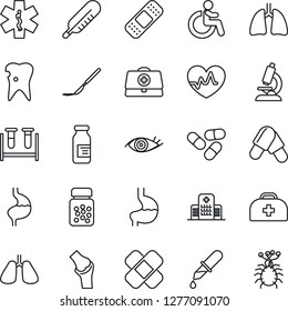Thin Line Icon Set - disabled vector, heart pulse, doctor case, blood test vial, dropper, thermometer, microscope, pills, bottle, ampoule, scalpel, patch, ambulance star, stomach, lungs, caries, eye