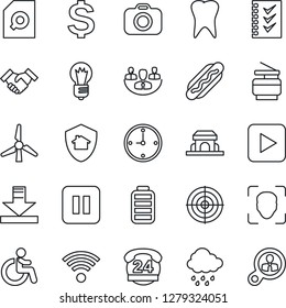Thin Line Icon Set - disabled vector, dollar sign, bulb, rain, tooth, 24 hours, camera, battery, play button, pause, download, face id, company, clock, document search, checklist, target, copier