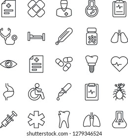 Thin Line Icon Set - disabled vector, heart pulse, diagnosis, stethoscope, syringe, dropper, thermometer, pills, bottle, patch, ambulance star, hospital bed, stomach, lungs, caries, implant, eye
