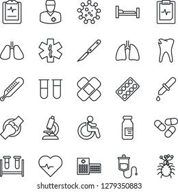 Thin Line Icon Set - disabled vector, heart pulse, blood test vial, dropper, thermometer, microscope, pills, blister, ampoule, scalpel, patch, ambulance star, hospital bed, lungs, caries, joint