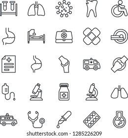 Thin Line Icon Set - disabled vector, doctor case, diagnosis, stethoscope, blood test vial, dropper, microscope, pills bottle, blister, patch, tomography, ambulance car, hospital bed, stomach, lungs