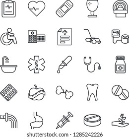 Thin Line Icon Set - disabled vector, watering, lawn mower, heart pulse, diagnosis, stethoscope, syringe, blood pressure, dropper, pills, bottle, blister, patch, tomography, ambulance star, stomach