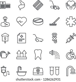 Thin Line Icon Set - disabled vector, rake, watering can, lawn mower, bird house, heart pulse, doctor case, diagnosis, syringe, blood test vial, dropper, pills, blister, ambulance star, hand, tooth