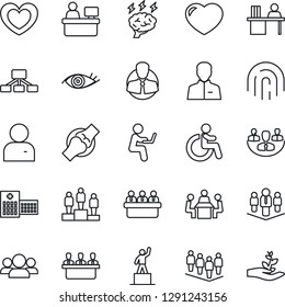 Thin Line Icon Set - disabled vector, pedestal, team, brainstorm, meeting, manager place, heart, eye, joint, hospital, client, user, fingerprint id, company, desk, group, hierarchy, palm sproute