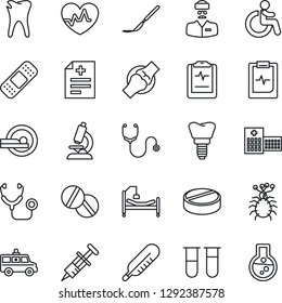 Thin Line Icon Set - disabled vector, heart pulse, diagnosis, stethoscope, syringe, blood test vial, thermometer, microscope, pills, scalpel, patch, tomography, ambulance car, hospital bed, caries
