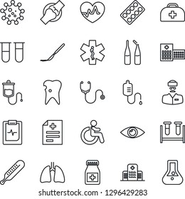 Thin Line Icon Set - disabled vector, heart pulse, doctor case, diagnosis, stethoscope, blood test vial, dropper, thermometer, pills bottle, blister, ampoule, scalpel, ambulance star, lungs, caries