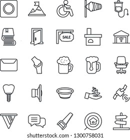 Thin Line Icon Set - disabled vector, wind, saw, fireplace, dropper, implant, joint, satellite, speaker, dialog, record, book, mail, sale, estate search, beer, bowl, garage gate control, door