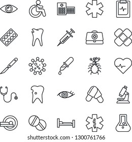 Thin Line Icon Set - disabled vector, heart pulse, doctor case, stethoscope, syringe, dropper, microscope, pills, blister, scalpel, patch, tomography, ambulance star, hospital bed, caries, eye