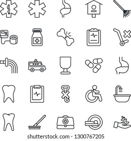 Thin Line Icon Set - disabled vector, rake, watering, bird house, doctor case, blood pressure, pills, bottle, tomography, ambulance star, car, stomach, tooth, broken bone, pulse clipboard, fragile