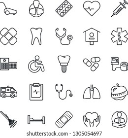 Thin Line Icon Set - disabled vector, rake, lawn mower, bird house, heart pulse, stethoscope, syringe, blood pressure, pills, blister, patch, ambulance star, car, hospital bed, hand, lungs, tooth