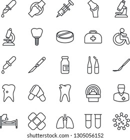 Thin Line Icon Set - disabled vector, doctor case, syringe, blood test vial, dropper, microscope, pills, ampoule, scalpel, patch, tomography, hospital bed, lungs, caries, implant, joint, virus