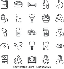Thin Line Icon Set - disabled vector, doctor case, diagnosis, blood test vial, dropper, pills, bottle, ampoule, tomography, ambulance car, hospital bed, stomach, caries, implant, eye, joint, flask