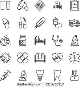 Thin Line Icon Set - disabled vector, heart pulse, stethoscope, syringe, blood test vial, dropper, thermometer, microscope, pills, bottle, blister, ampoule, patch, ambulance star, car, hospital bed