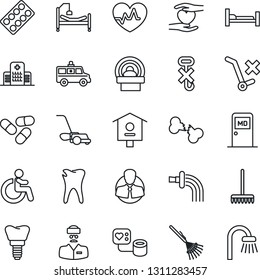 Thin Line Icon Set - disabled vector, medical room, rake, watering, lawn mower, bird house, heart pulse, blood pressure, pills, blister, tomography, ambulance car, hospital bed, hand, caries, doctor