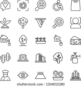 Thin Line Icon Set - Disabled Vector, Tree, Seedling, Garden Sprayer, Mobile Tracking, Search Cargo, Data Exchange, Face Id, Eye, Fruit, Flower In Pot, Cook, Cafe Building, Cutting Board, Cheese