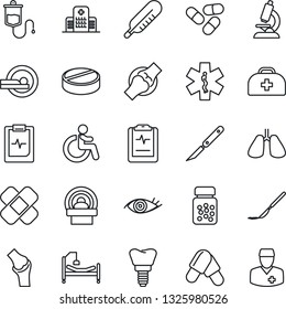 Thin Line Icon Set - disabled vector, doctor case, dropper, thermometer, microscope, pills, bottle, scalpel, patch, tomography, ambulance star, hospital bed, lungs, implant, eye, joint