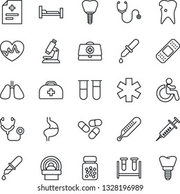Thin Line Icon Set - disabled vector, heart pulse, doctor case, diagnosis, stethoscope, syringe, blood test vial, dropper, thermometer, microscope, pills, bottle, patch, tomography, ambulance star