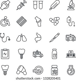 Thin Line Icon Set - disabled vector, stethoscope, syringe, blood test vial, dropper, thermometer, microscope, pills, bottle, blister, ampoule, scalpel, tomography, ambulance car, stomach, lungs