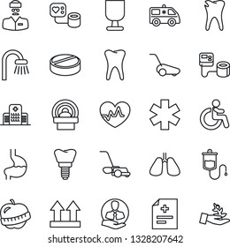 Thin Line Icon Set - disabled vector, lawn mower, heart pulse, diagnosis, blood pressure, dropper, pills, tomography, ambulance star, car, stomach, lungs, tooth, caries, implant, diet, hospital