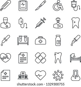 Thin Line Icon Set - disabled vector, heart pulse, doctor case, diagnosis, syringe, blood test vial, dropper, thermometer, ampoule, scalpel, patch, hospital bed, caries, clipboard, virus, flask