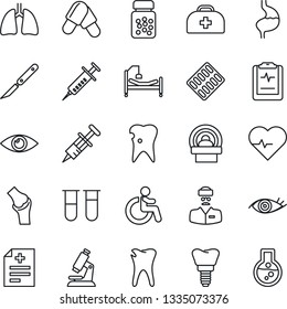 Thin Line Icon Set - disabled vector, heart pulse, doctor case, diagnosis, syringe, blood test vial, microscope, pills, bottle, blister, scalpel, tomography, hospital bed, stomach, lungs, caries