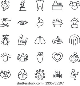 Thin Line Icon Set - disabled vector, pedestal, brainstorm, meeting, heart, hand, stomach, lungs, real, tooth, eye, hospital, virus, client, group, fingerprint id, company, manager desk